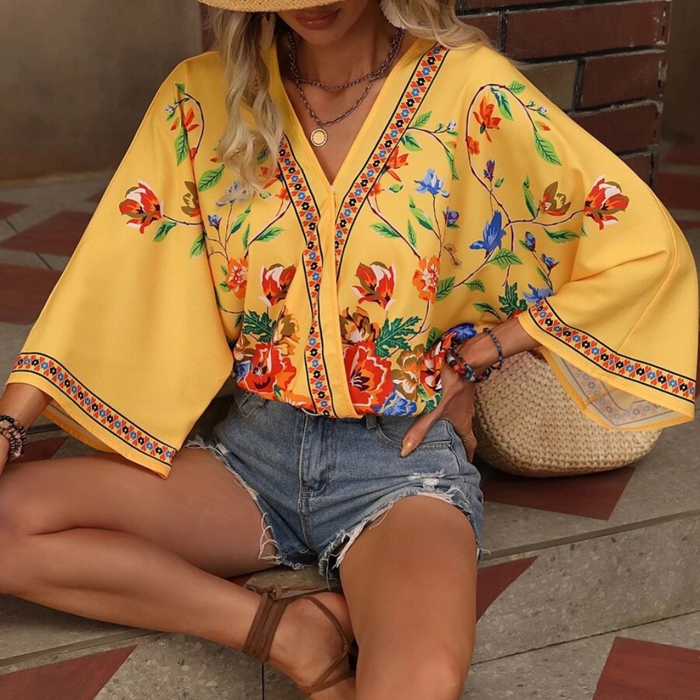 Boho Floral Print Kimono Sleeve Blouse - Picture 5 of 8